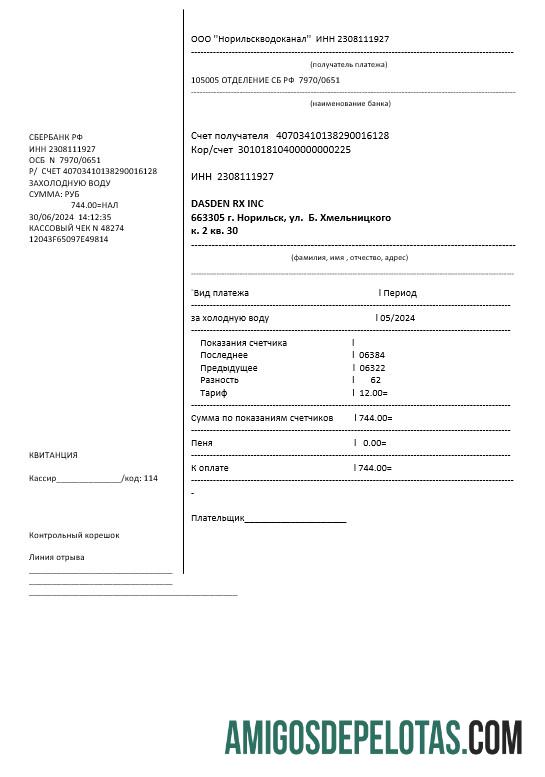 imprimível Modelo de conta de serviços públicos de água da Rússia em formato Word e PDF, totalmente editável